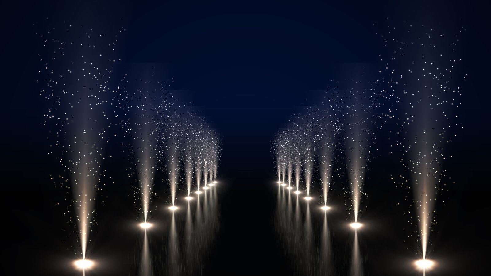 black background with bright white lights lining the path
