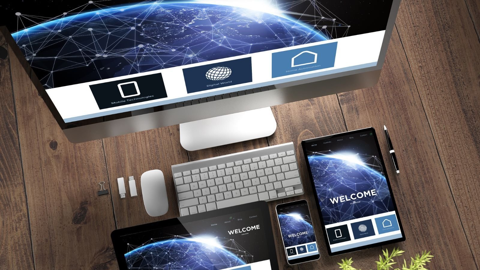 image of computer, keyboard, mouse, tablet, and phone sitting on a desk