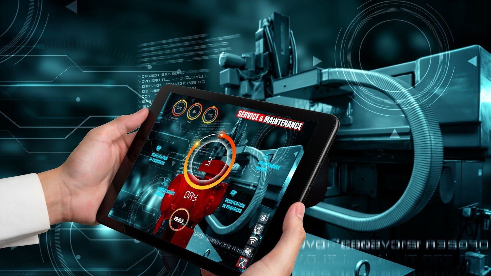 A tablet with access to controls for service and management of an industrial machine using augmented reality