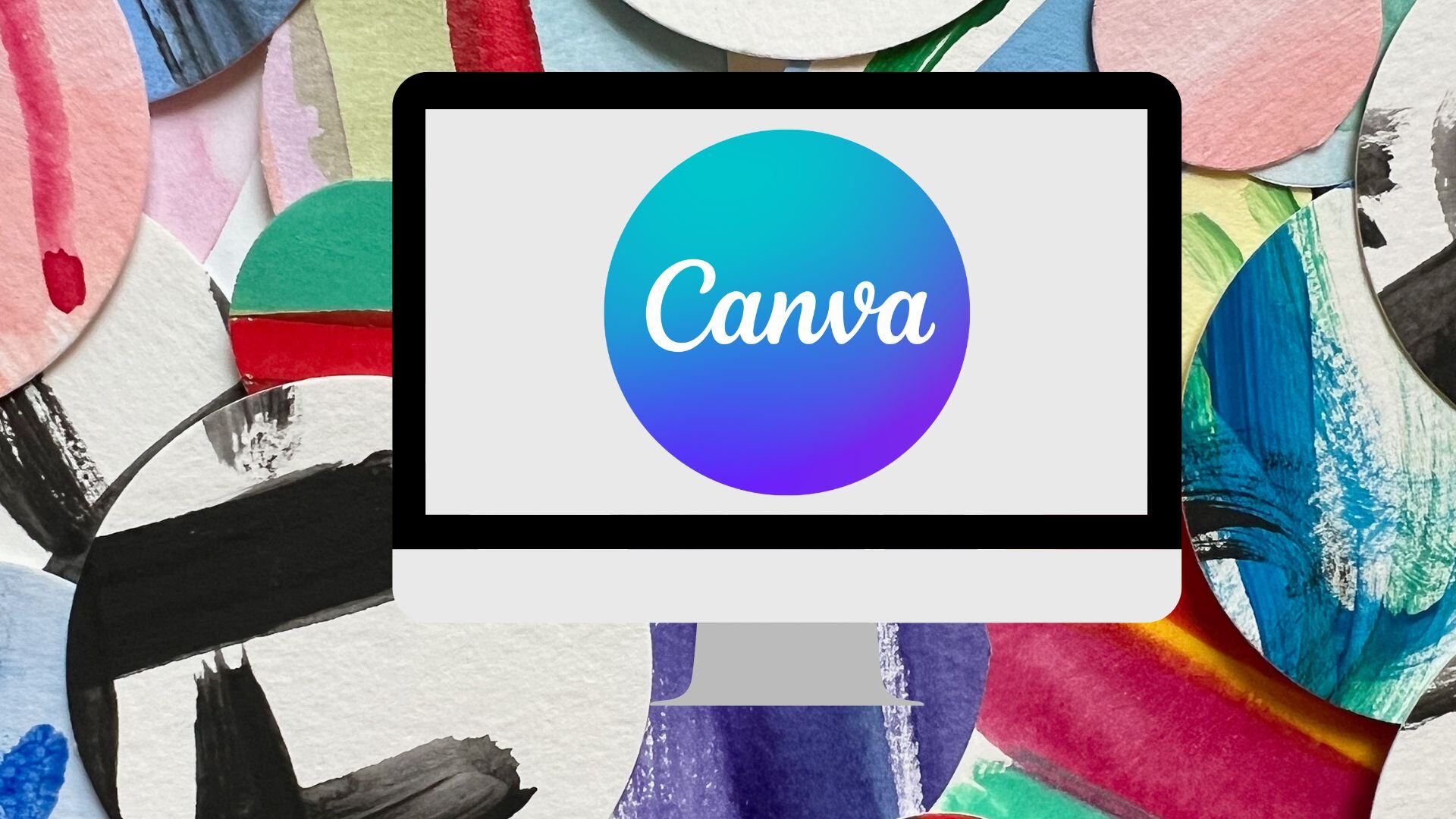 A creative collage with a computer displaying the Canva logo in the foreground